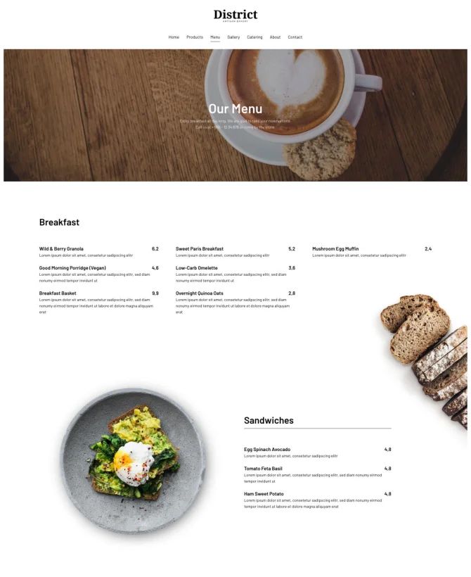 Trang Menu mẫu thiết kế website ẩm thực