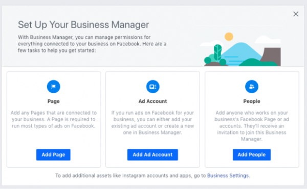 •	Từ bảng điều khiển Facebook Business Manager, hãy nhấp vào Add Page